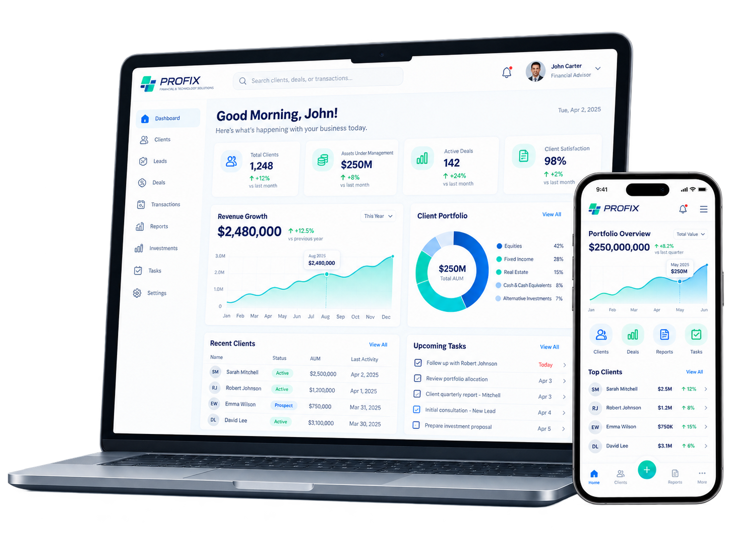 PROFIX software dashboard on laptop and mobile